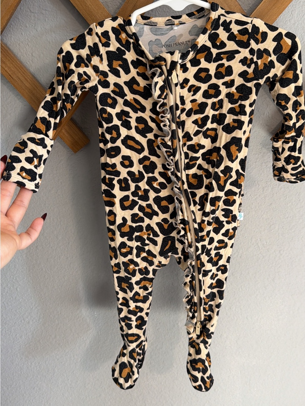 Posh Peanut Leopard Print Footed One-Piece - Cream/Tan